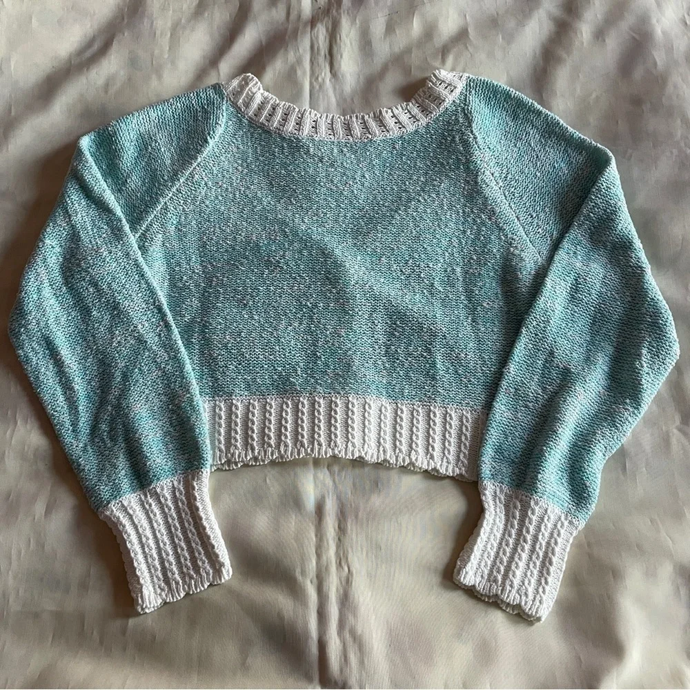 LoveShackFancy- Cotton Candy Geneve Crop Knit Sweater Cardigan Baby Blue Size XL